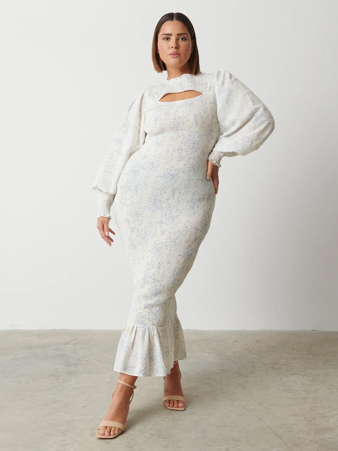 Elise Cut Out Shirred Printed Midaxi Dress Curve - Peony Abstract Floral sold by Pretty Lavish product image thumbnail 3