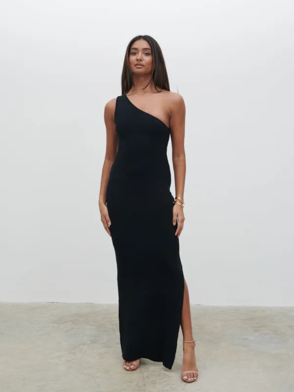 Juno One Shoulder Knit Maxi Dress - Black sold by Pretty Lavish