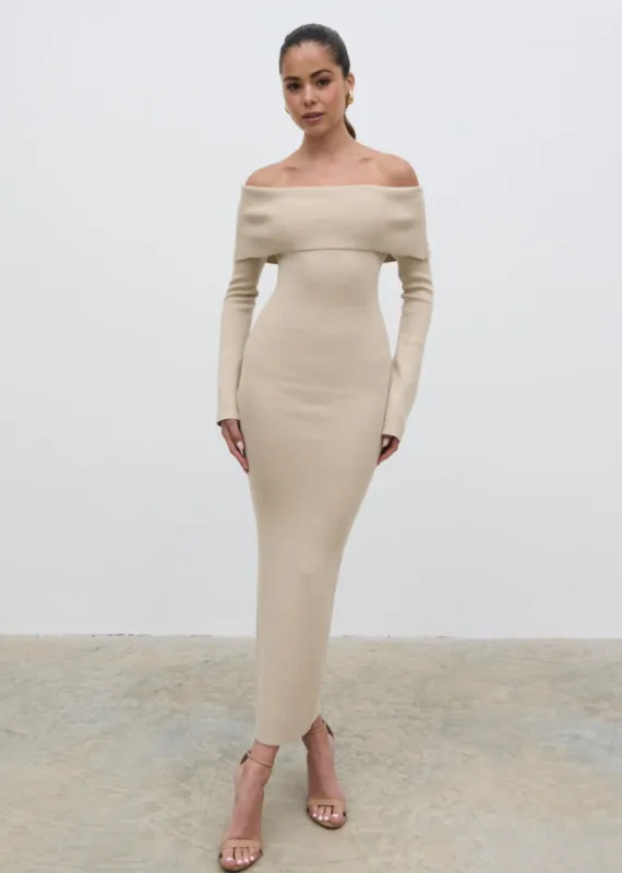 Soreya Bardot Knit Dress - Beige sold by Pretty Lavish