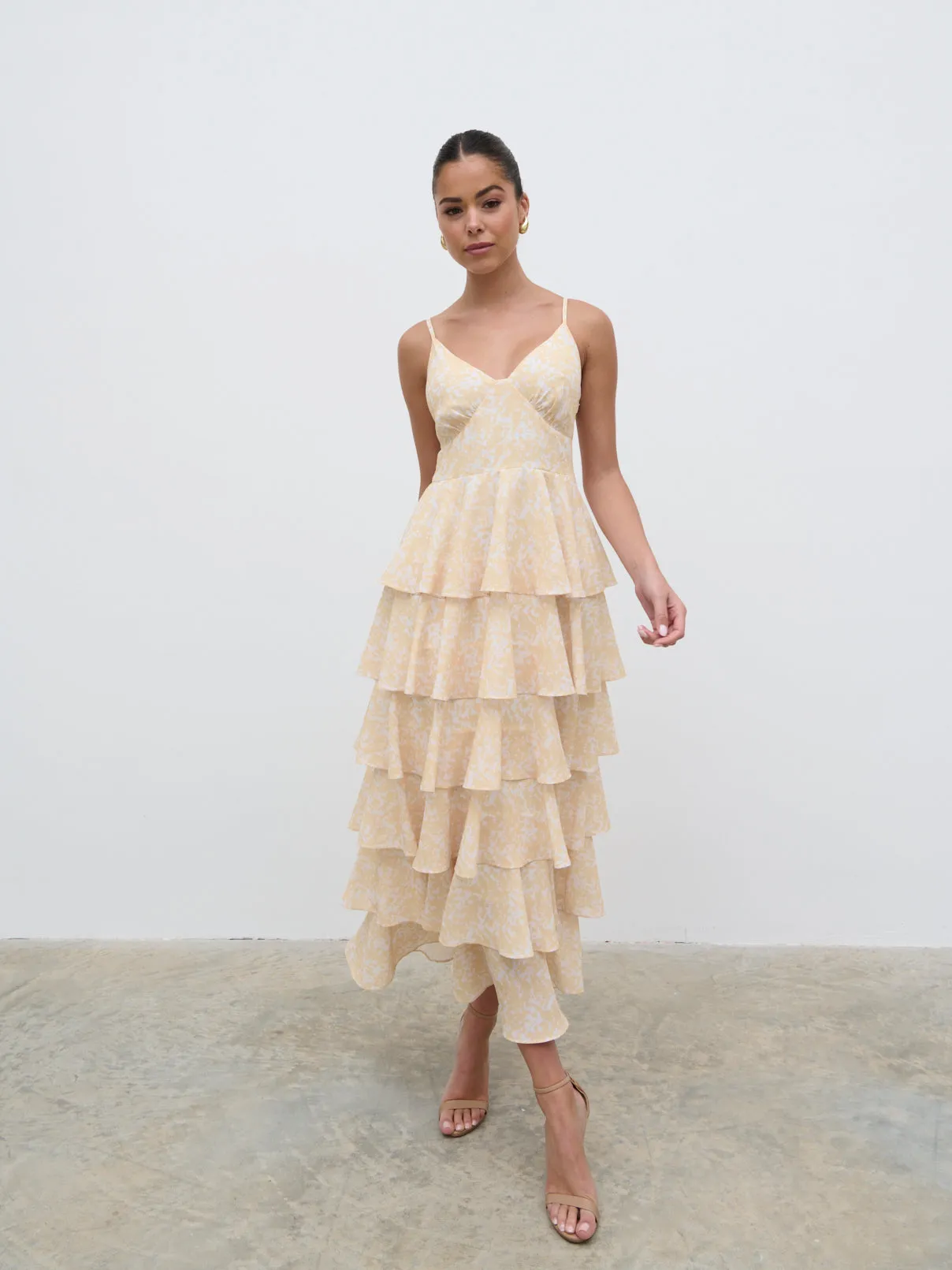 Lissy Ruffle Midaxi Dress - Yellow Abstract sold by Pretty Lavish