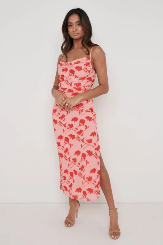Keisha Ruched Midaxi Dress - Pink and Red Floral sold by Pretty Lavish
