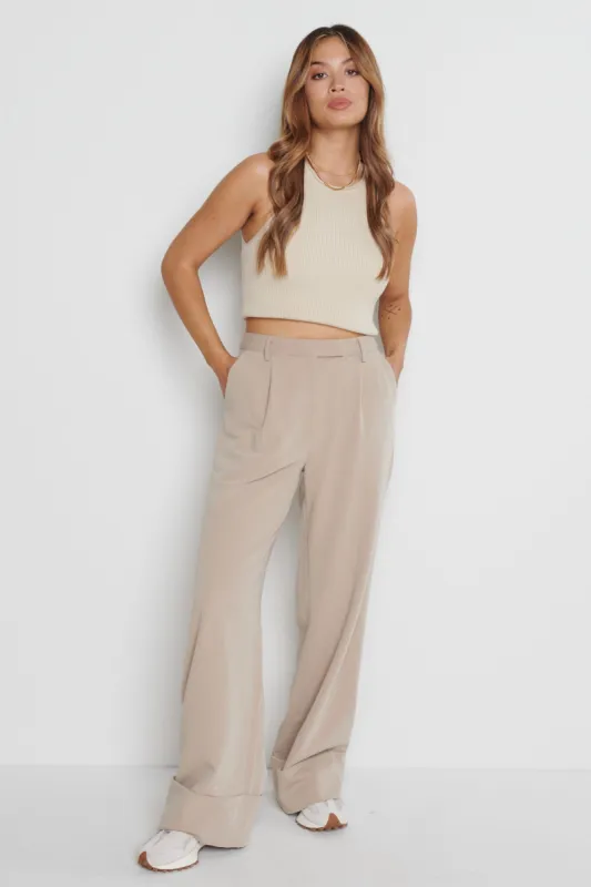 Rae Wide Leg Trousers - Beige sold by Pretty Lavish