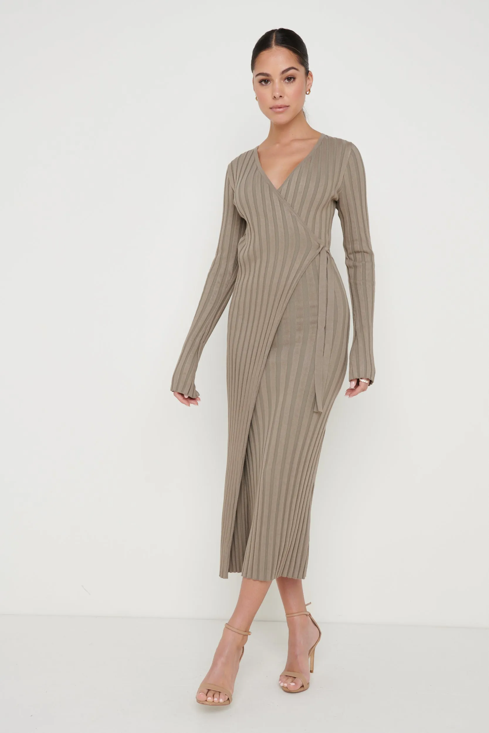 Vinnie Wrap Tie Midaxi Dress - Taupe sold by Pretty Lavish