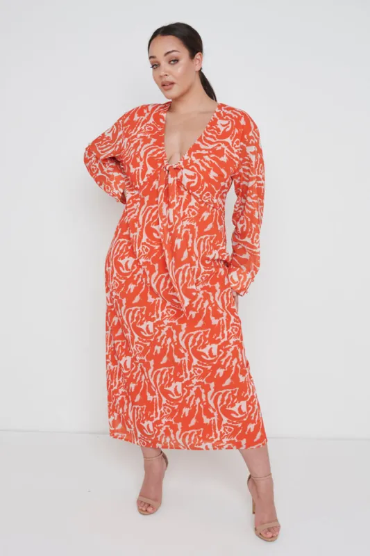 Rosslyn Tied Long Sleeve Midaxi Dress Curve - Orange Zebra sold by Pretty Lavish
