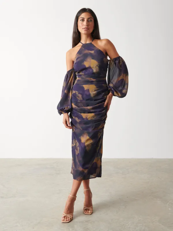 Roma Ruched Midaxi Dress - Dark Amethyst & Saffron Floral sold by Pretty Lavish