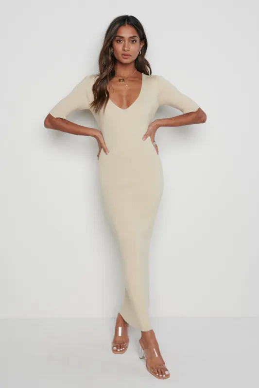 Lara Ribbed Midi Dress - Beige made by Pretty Lavish