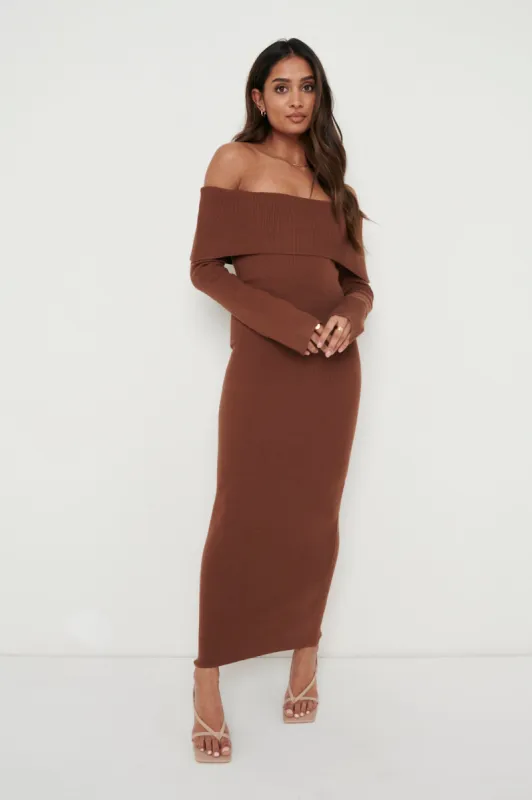 Soreya Bardot Knit Dress- Brown sold by Pretty Lavish