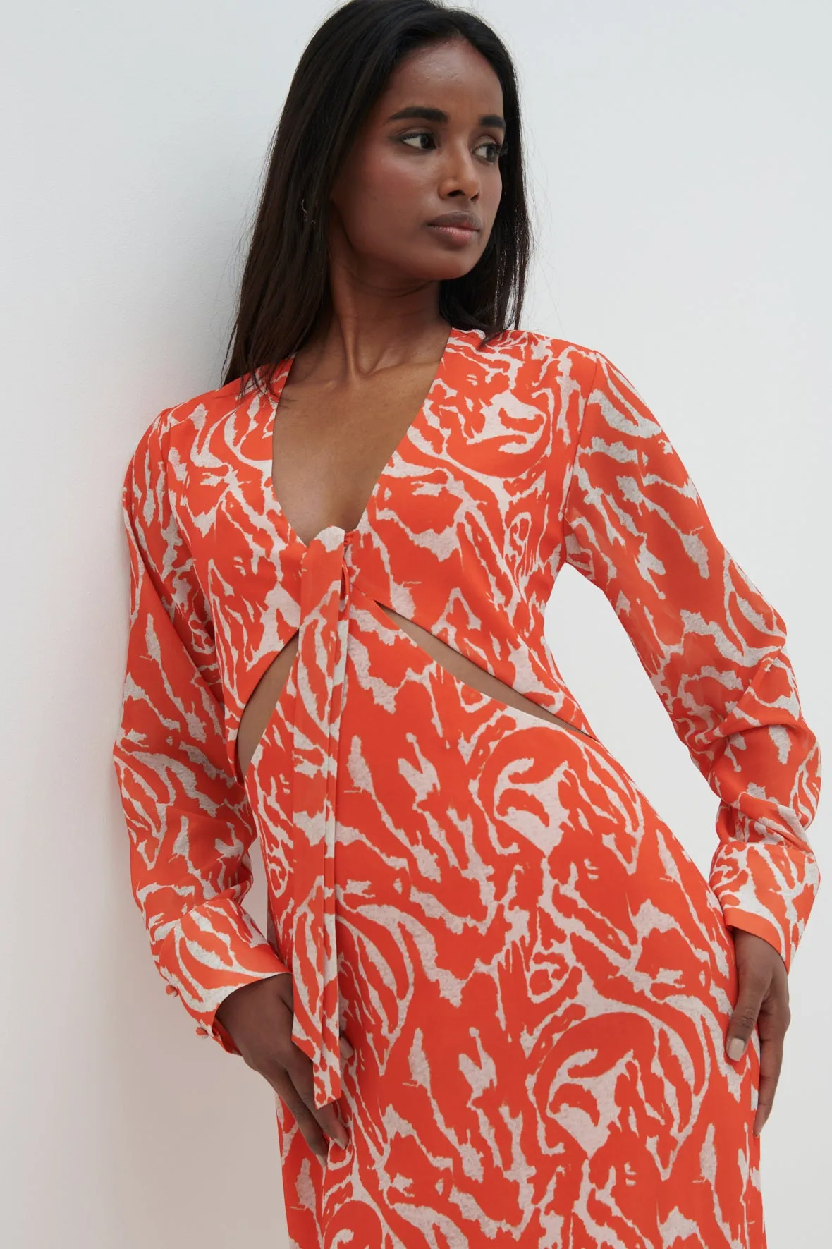 Rosslyn Tied Long Sleeve Midaxi Dress - Orange Zebra sold by Pretty Lavish product image thumbnail 2