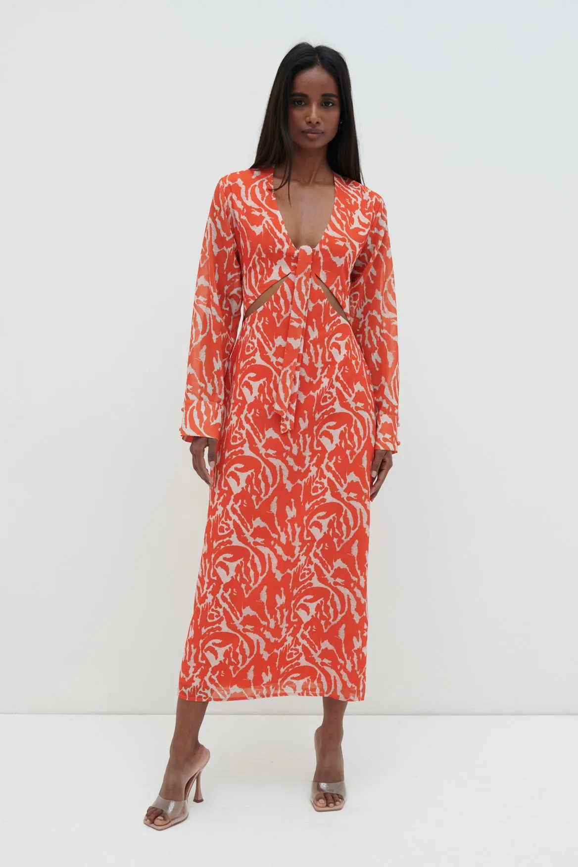 Rosslyn Tied Long Sleeve Midaxi Dress - Orange Zebra sold by Pretty Lavish