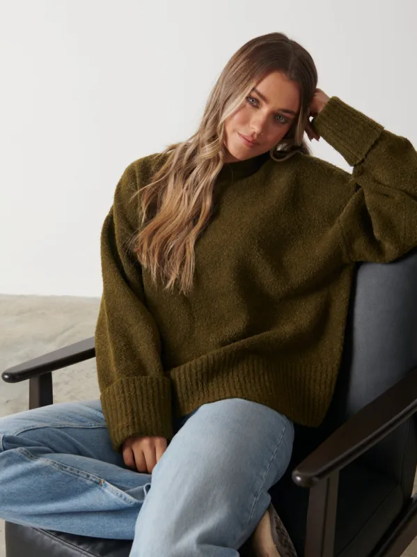 Camille Oversized Borg Jumper - Dark Olive sold by Pretty Lavish