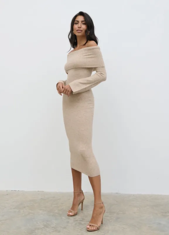 Soreya Bardot Soft Knit Dress - Beige Marl sold by Pretty Lavish