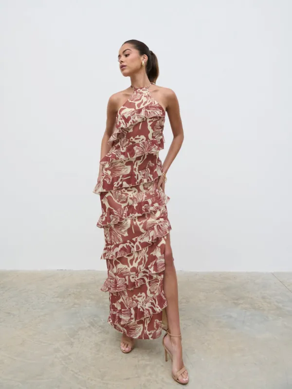 Katy Ruffle Maxi Dress - Brown Floral sold by Pretty Lavish