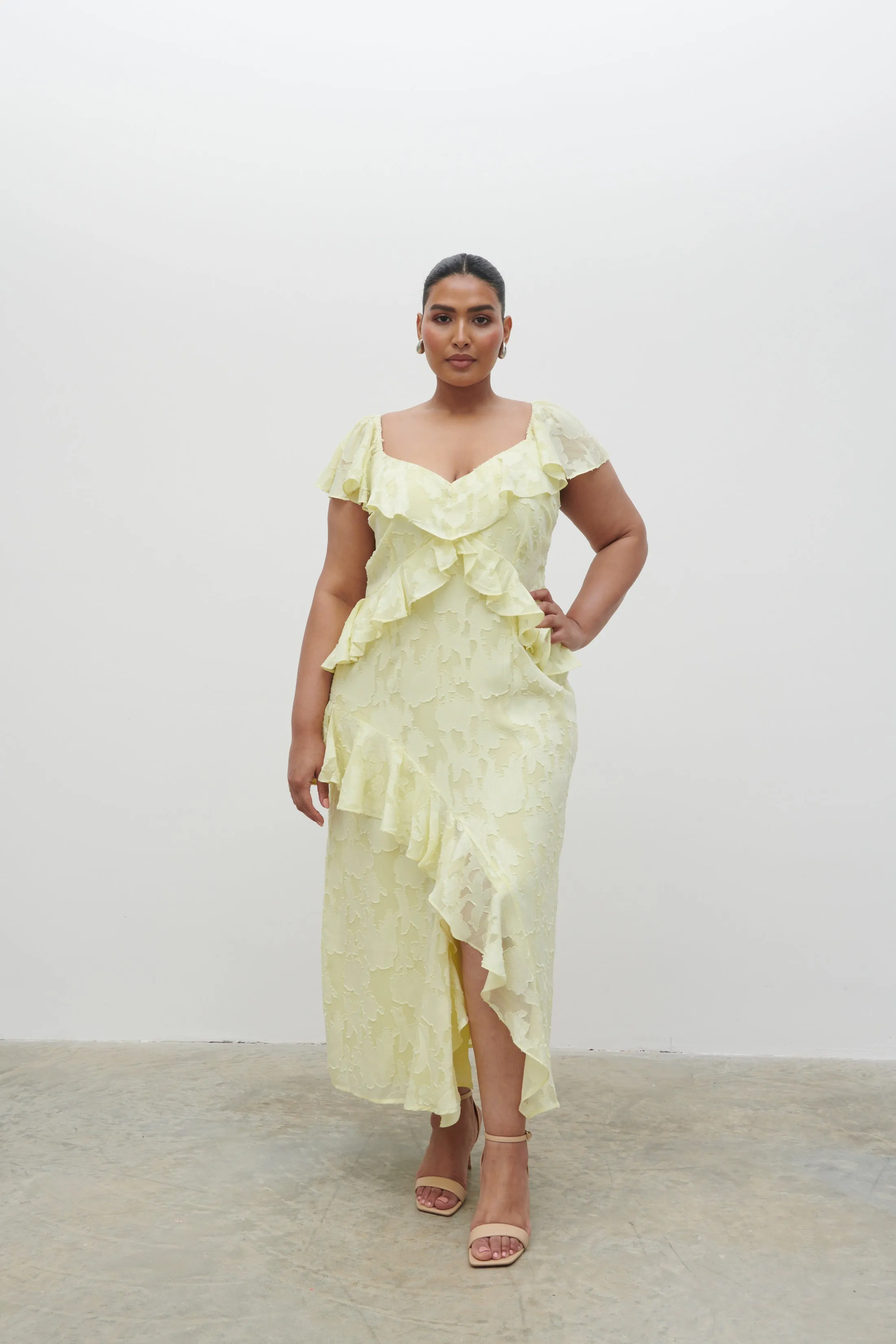 Eloise Ruffle Midaxi Dress Curve - Lemon sold by Pretty Lavish