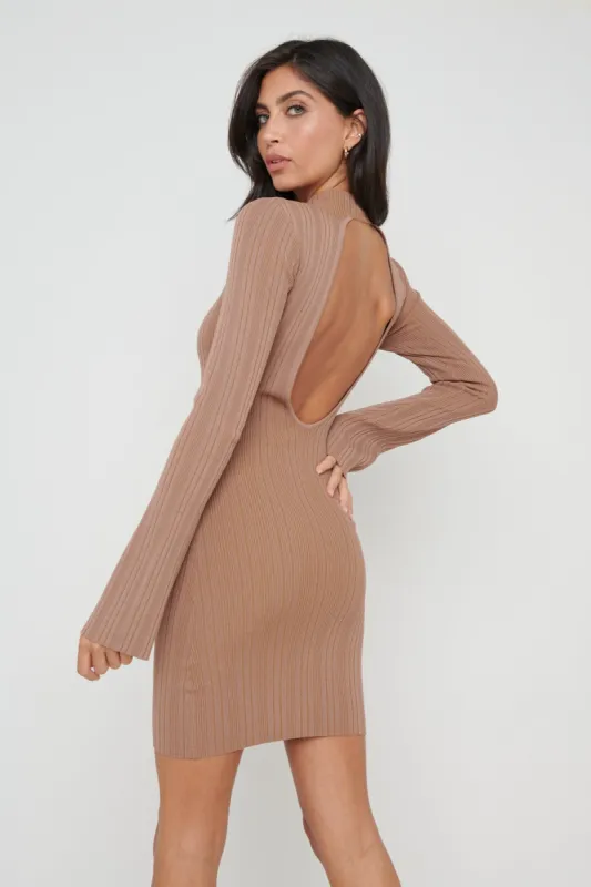 Priscilla High Neck Backless Mini Knit Dress - Mocha sold by Pretty Lavish