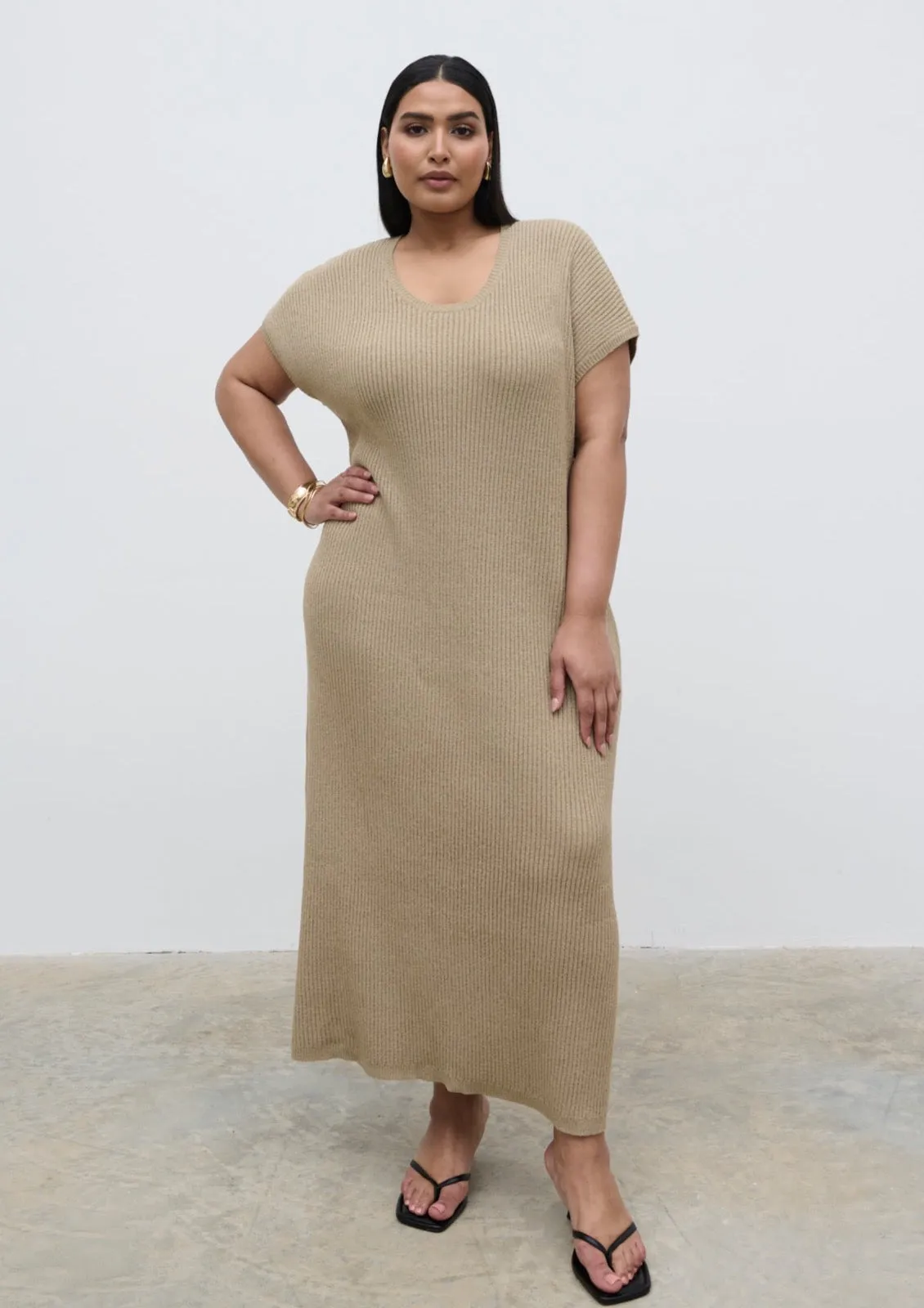 Rose Knit Midaxi Dress Curve - Stone Taupe sold by Pretty Lavish