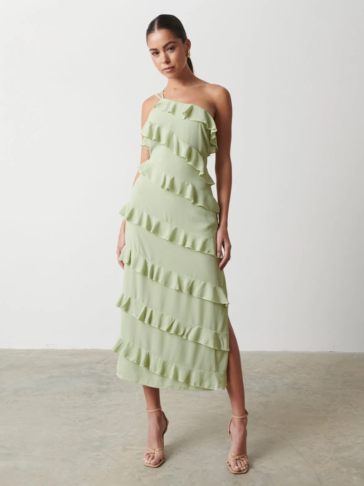 Paisley Ruffle Midaxi Dress - Sage sold by Pretty Lavish