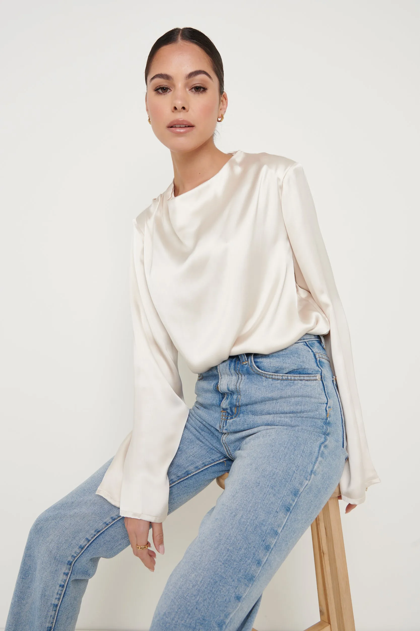 Jayda Recycled Cowl Neck Blouse - Oyster sold by Pretty Lavish
