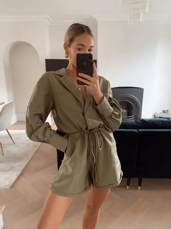 Skyla Linen Playsuit - Khaki sold by Pretty Lavish
