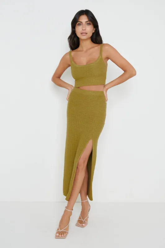 Celine Crochet Knit Skirt - Olive sold by Pretty Lavish
