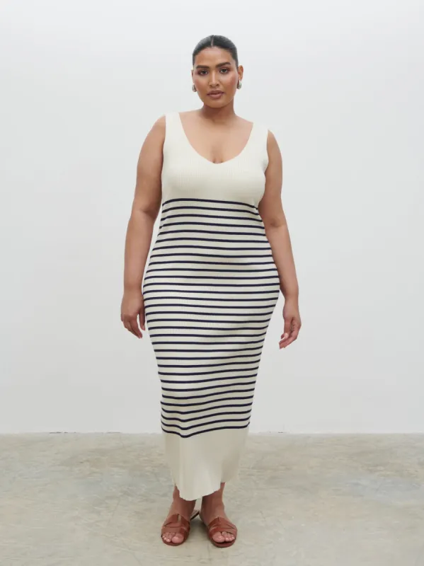 Maria Stripe Knit Midaxi Dress Curve - Cream and Navy sold by Pretty Lavish