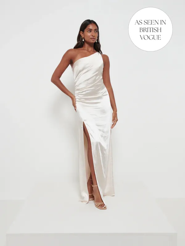 Amelia Ruched Maxi Bridesmaid Dress - Matte Champagne sold by Pretty Lavish
