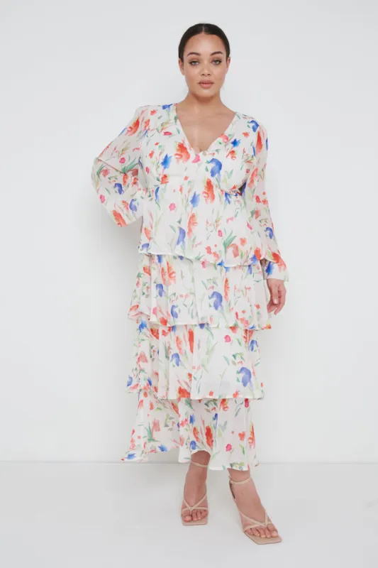 Ashton Ruffle Midi Dress Curve - Dainty Floral sold by Pretty Lavish