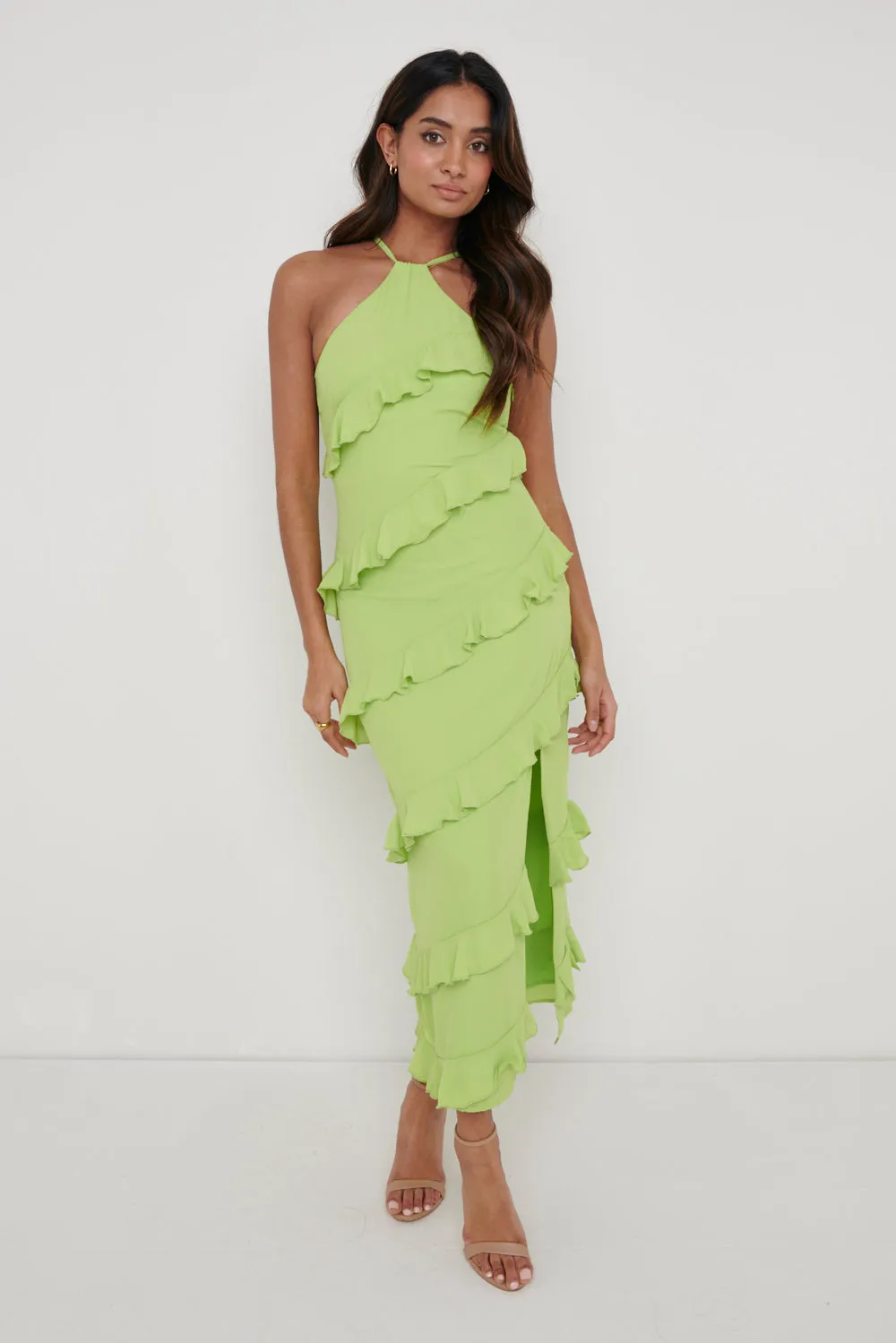 Katy Ruffle Midaxi Dress - Apple Green sold by Pretty Lavish