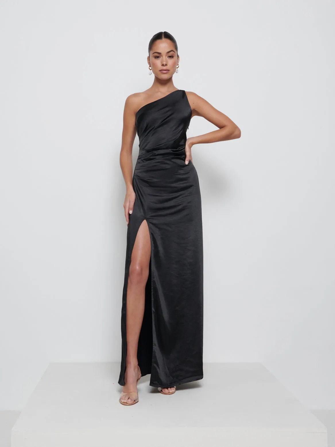 Amelia Ruched Maxi Bridesmaid Dress - Black sold by Pretty Lavish