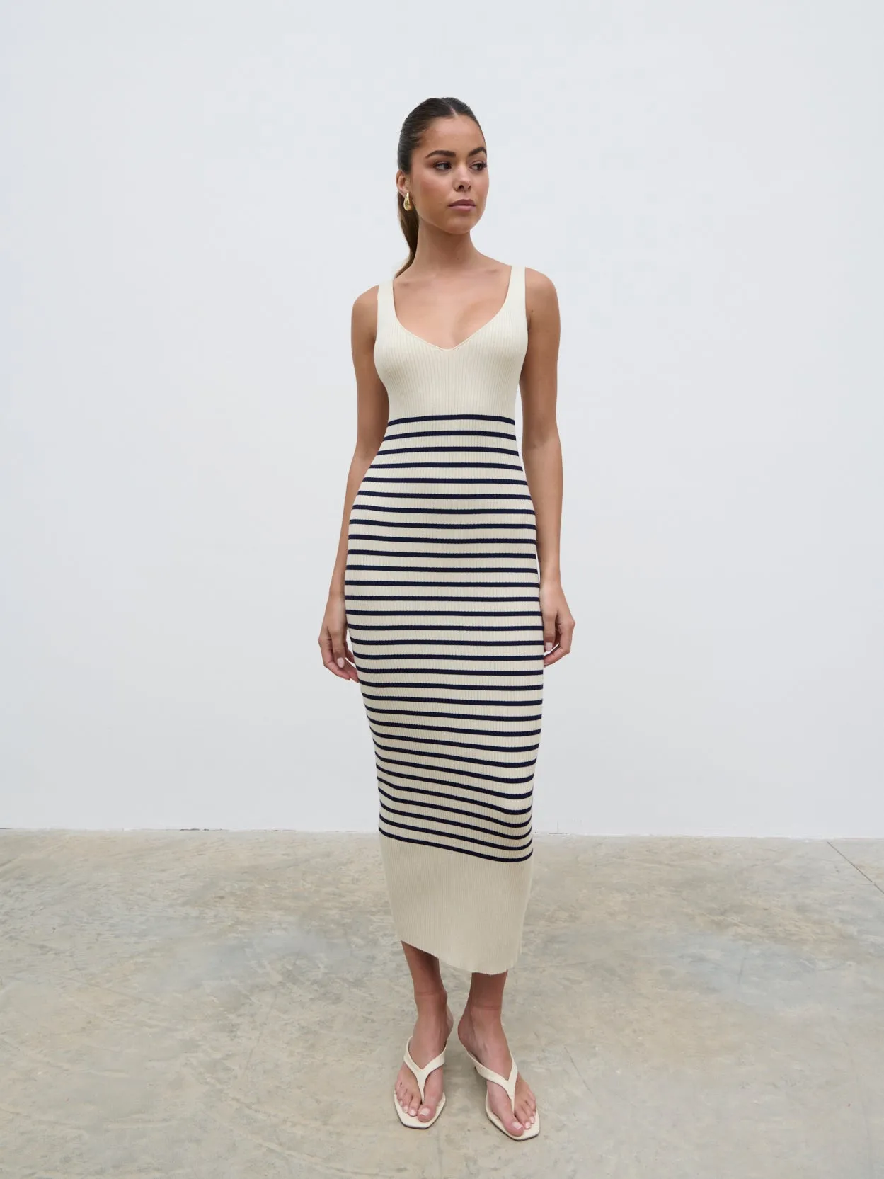 Maria Stripe Knit Midaxi Dress - Cream and Navy sold by Pretty Lavish