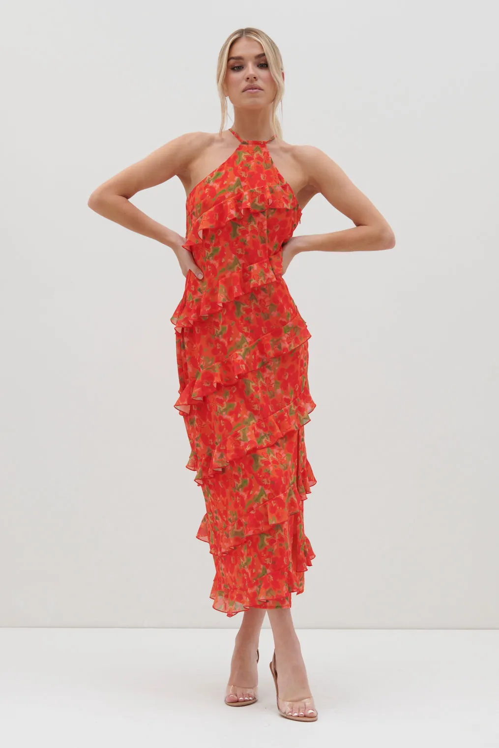 Katy Ruffle Midaxi Dress - Red and Orange Floral sold by Pretty Lavish