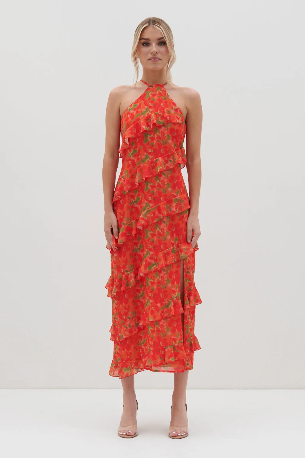Katy Ruffle Midaxi Dress - Red and Orange Floral sold by Pretty Lavish product image thumbnail 4