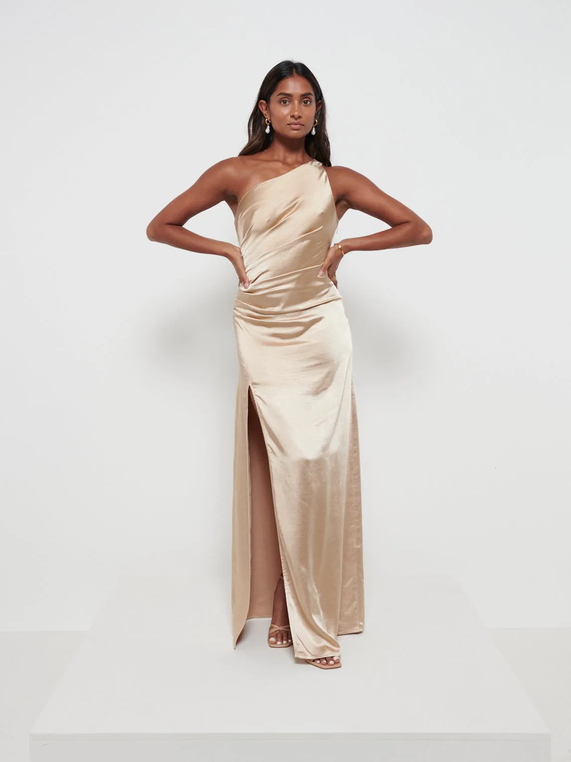 Amelia Ruched Maxi Bridesmaid Dress - Matte Bronze sold by Pretty Lavish