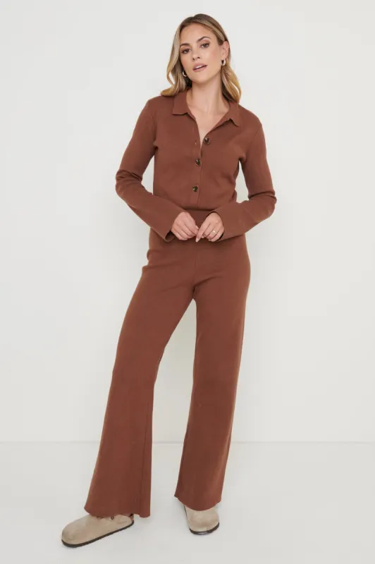 Daisy Wide Leg Knit Jumpsuit- Brown sold by Pretty Lavish