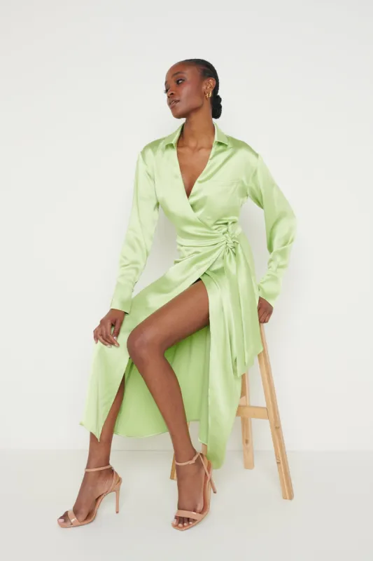 Ronnie Satin Wrap Dress - Apple Green sold by Pretty Lavish