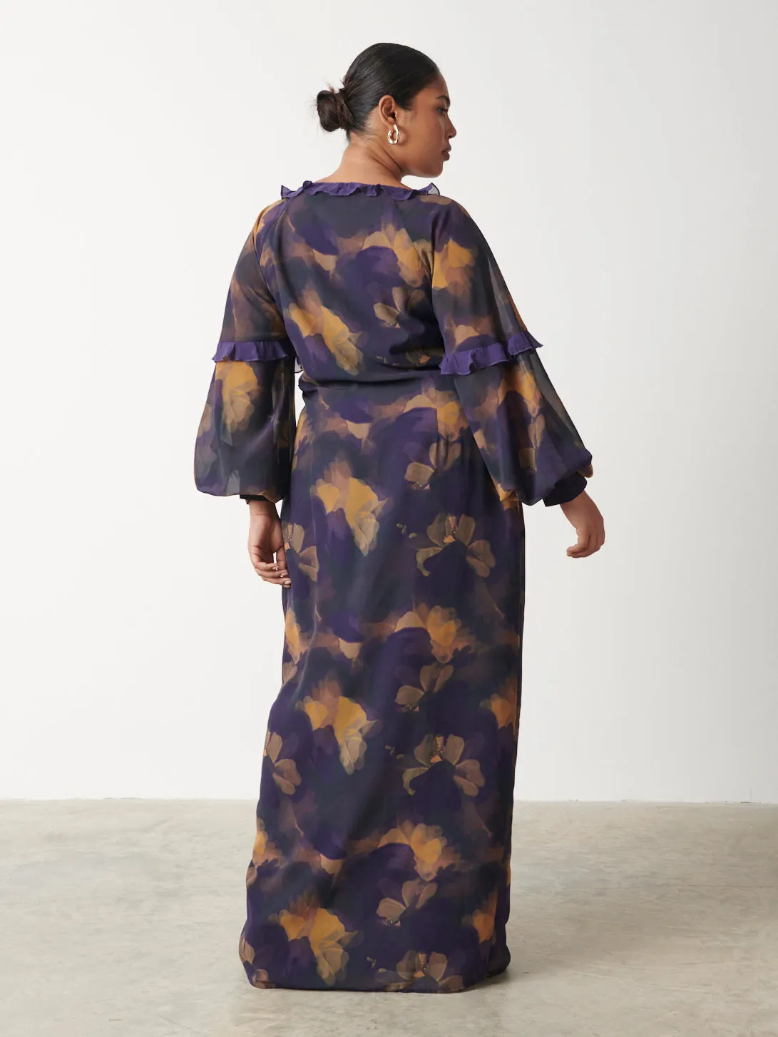 Francesca Frill Maxi Dress Curve - Dark Amethyst & Saffron Floral sold by Pretty Lavish product image thumbnail 3