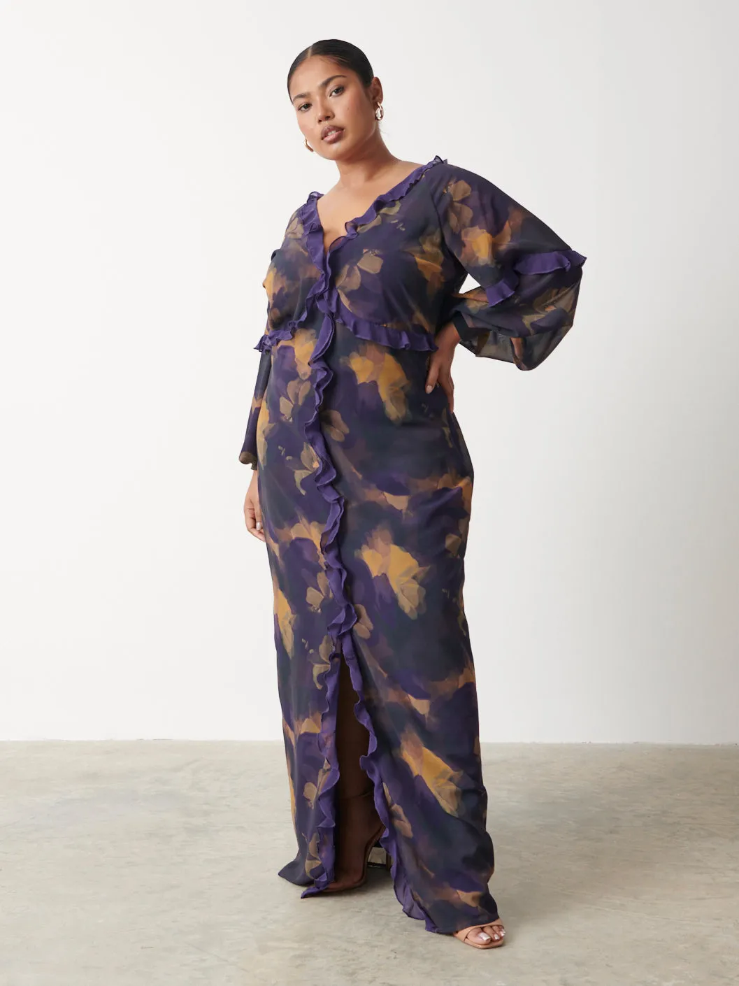 Francesca Frill Maxi Dress Curve - Dark Amethyst & Saffron Floral sold by Pretty Lavish product image thumbnail 4