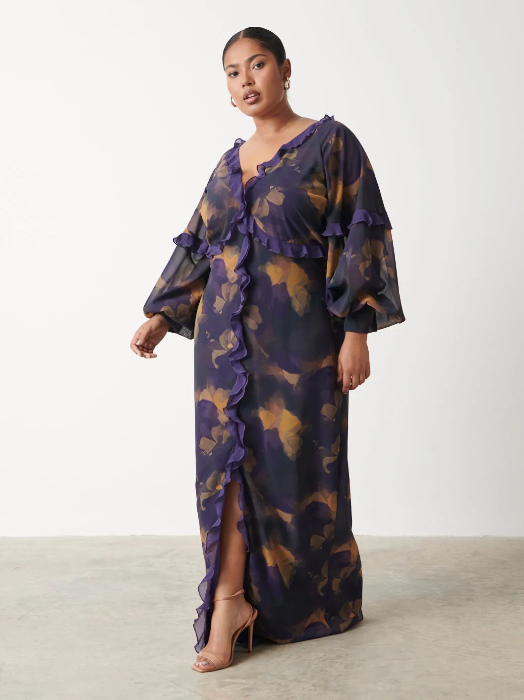 Francesca Frill Maxi Dress Curve - Dark Amethyst & Saffron Floral sold by Pretty Lavish