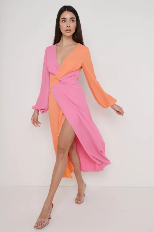 Frieda Knot Contrast Dress - Orange and Pink sold by Pretty Lavish