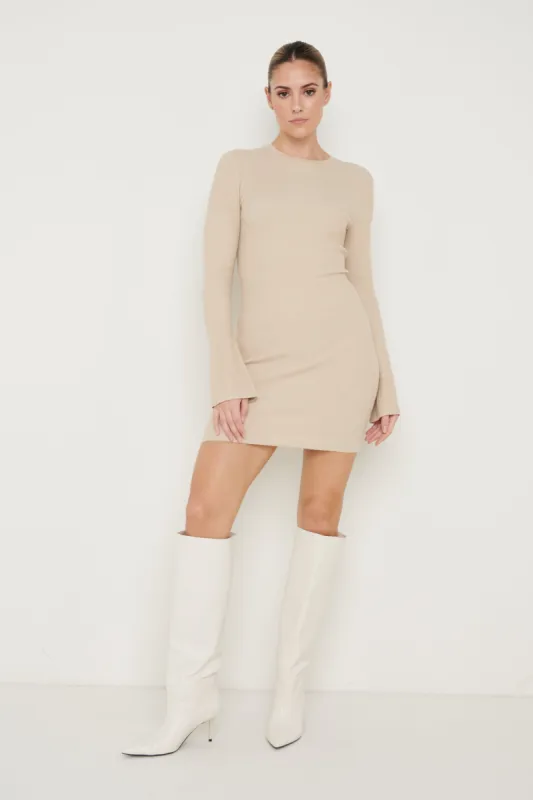 Laurel Long Sleeve Knit Mini Dress - Beige sold by Pretty Lavish