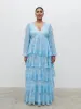 Ashton Ruffle Maxi Dress Curve - Blue Swirl sold by Pretty Lavish
