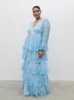 Ashton Ruffle Maxi Dress Curve - Blue Swirl sold by Pretty Lavish