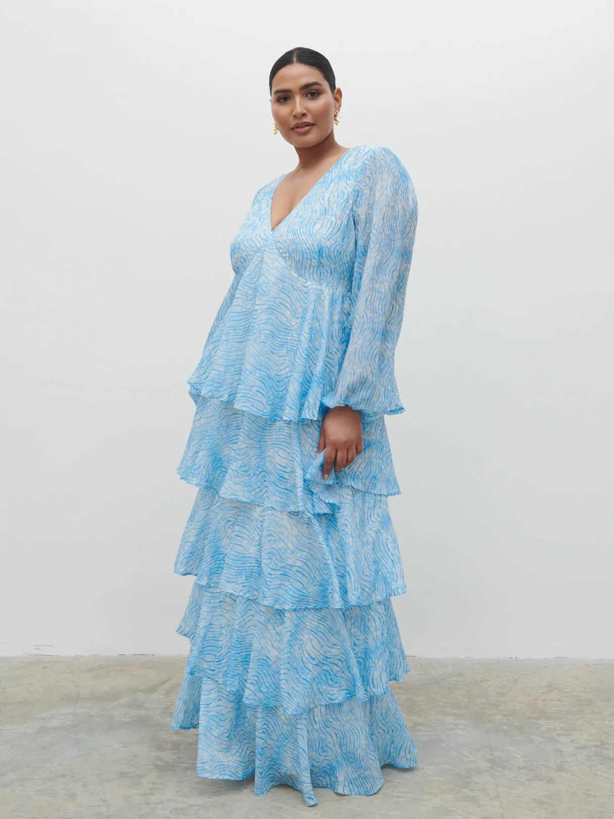 Ashton Ruffle Maxi Dress Curve - Blue Swirl sold by Pretty Lavish