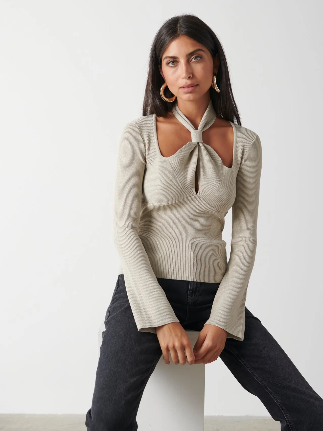 Amity Knotted Halterneck Long Sleeve Top - Gold Metallic sold by Pretty Lavish