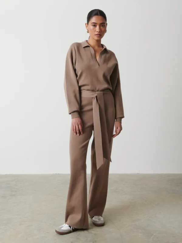 Meg Belted Knit Jumpsuit - Taupe sold by Pretty Lavish