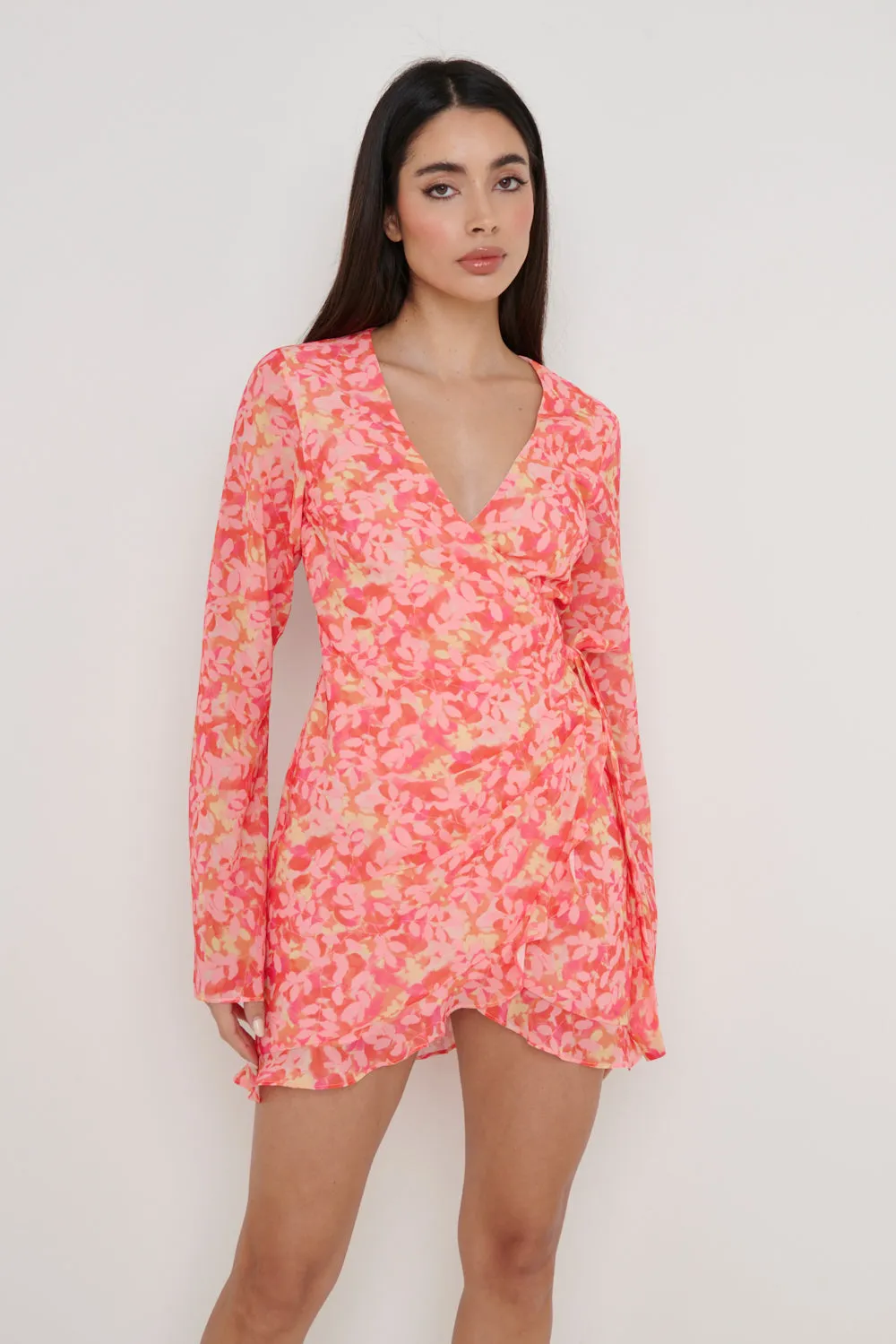 Jessica Wrap Mini Dress - Orange and Pink Floral sold by Pretty Lavish