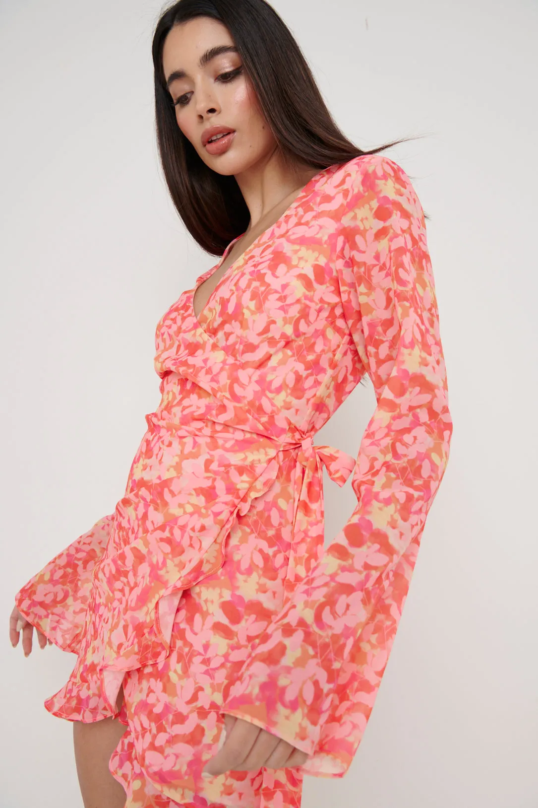 Jessica Wrap Mini Dress - Orange and Pink Floral sold by Pretty Lavish product image thumbnail 2