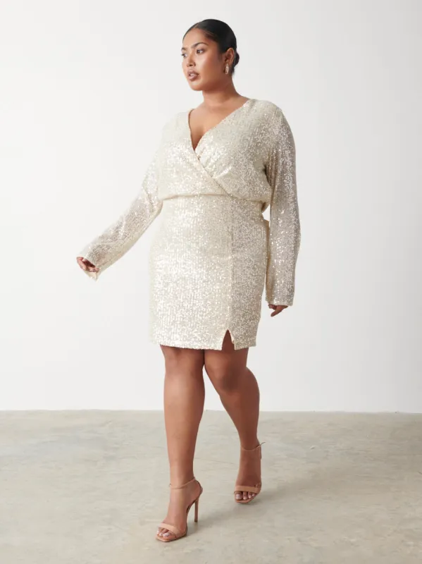Dulcie Mini Wrap Sequin Dress Curve - Silver sold by Pretty Lavish
