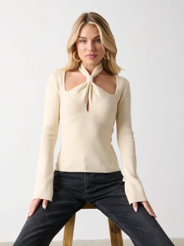 Amity Knotted Halterneck Long Sleeve Top - Cream sold by Pretty Lavish