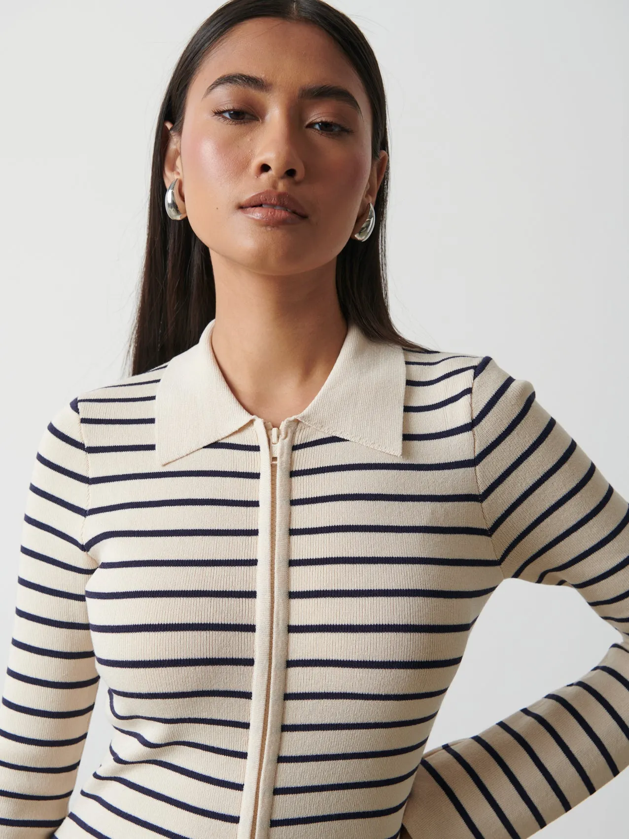 Avery Striped Zip Knit Top - Cream and Navy sold by Pretty Lavish