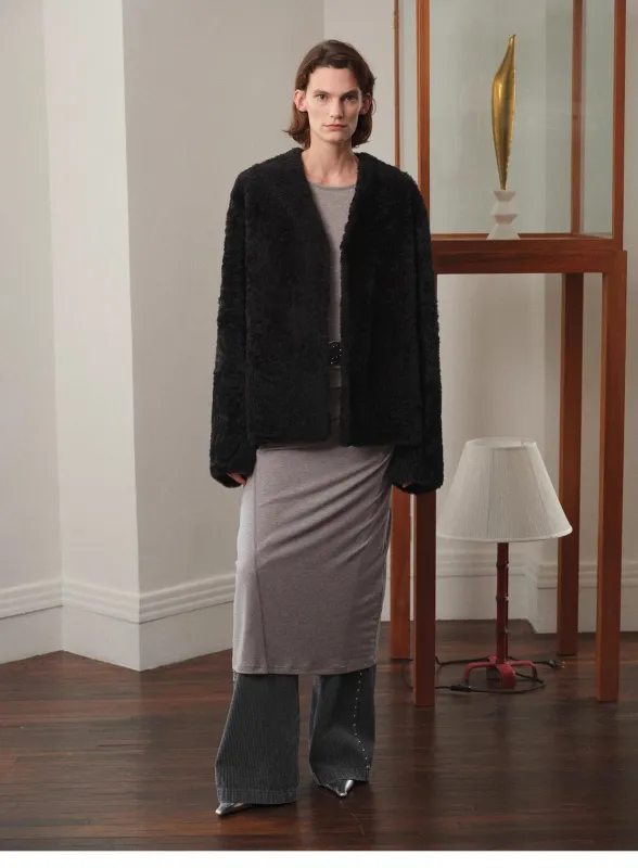 "Paris Night" luxury lightweight v-neck mid-length imported ragone sheepskin fur coat sold by Firelady Fur